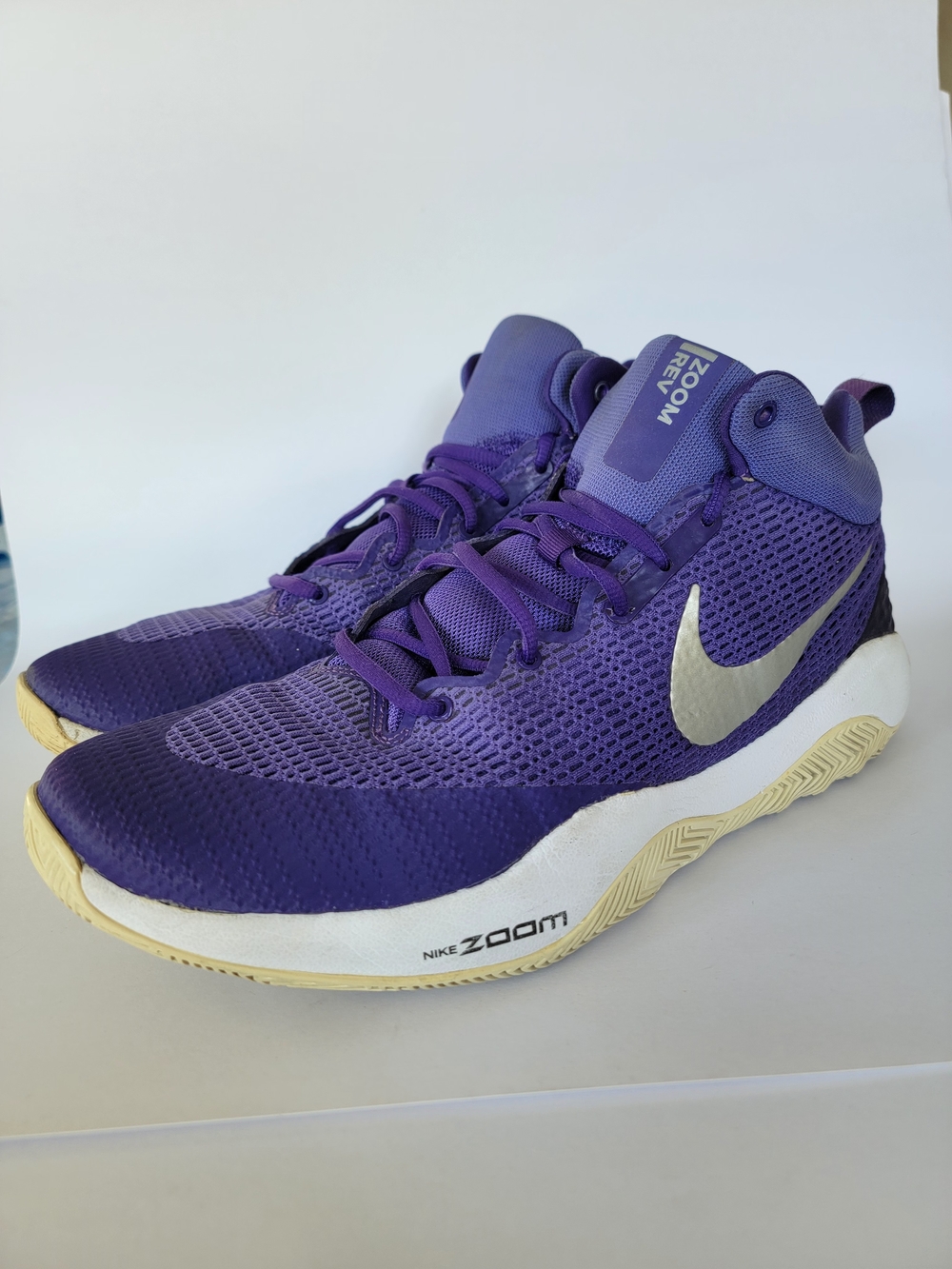 Pre-Owned NIKE Zoom REV TB Court Purple/Metallic Silver Basketball Shoe Size 15